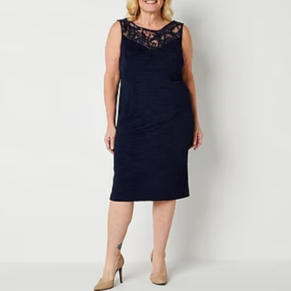 Maya Brooke Plus Embroidered Stretch Navy Sequin Dress